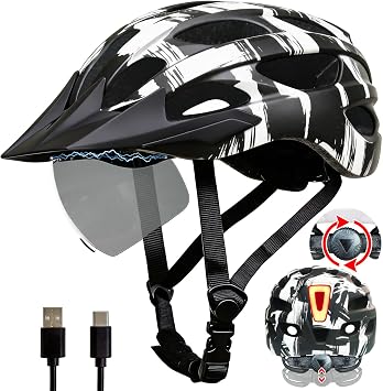 Bike Helmet Adults Men, Bicycle Helmet with USB Rechargeable Rear Light | Bike Helmet for Road Mountain, Removable Magnetic Goggles, Sun Visor, Adjustable Dial, E-bike Helmet, Size22-24.4 inches
