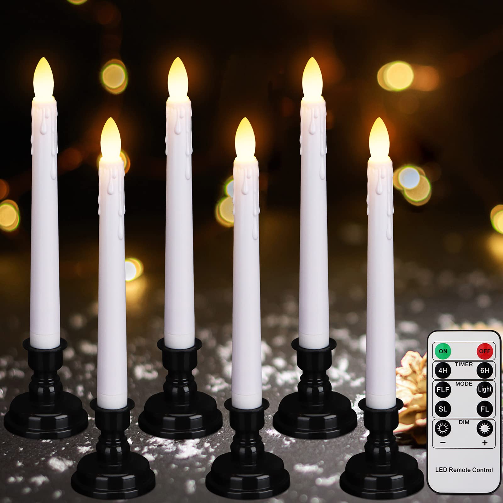 Daord LED Battery Operated Window Candle with Remote & Timer (Pack of 6, White+Black Holder)