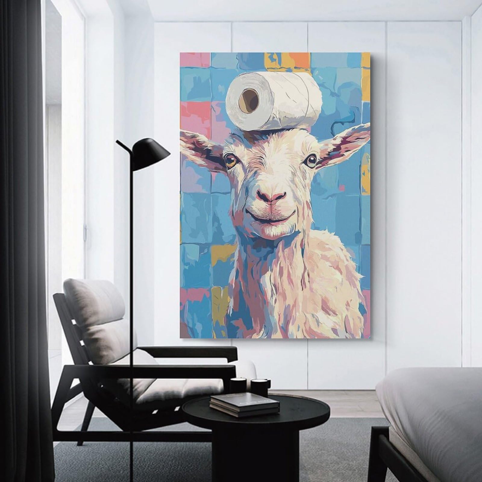 Junmoney Wall Decor Canvas Print Goat with Toilet Paper on Head, 24x36inch(60x90cm), for Study, Office Or Focused Interiors, Wall Art That Adds Style to Work Areas