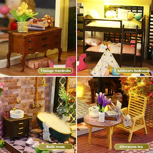 Miniatura 5 de Yuzhen Casa de muñecas en miniatura con muebles y luces LED, casa de muñecas de madera estilo europeo incluye cubierta de polvo y movimiento de
