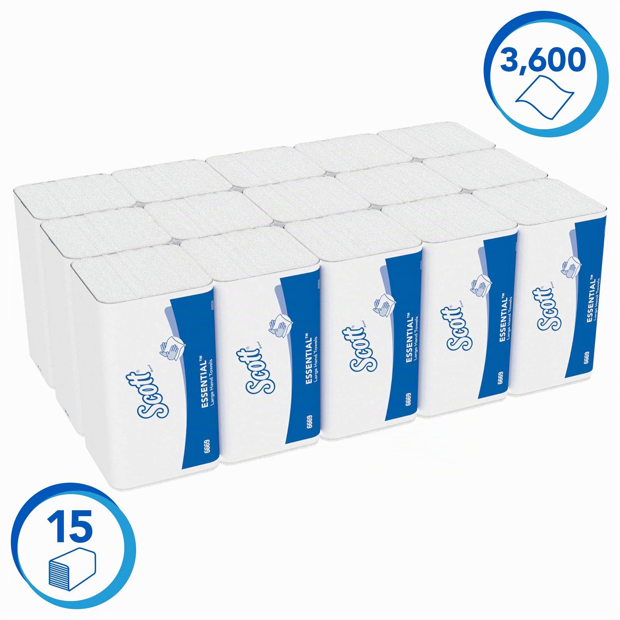 Scott Essential Essuie-mains pliés grand format 6669 - Essuie-mains en papier pliage enchevêtré - 15 paquets x 240 essuie-mains en papier blanc pliés en Z (3 600 au total)