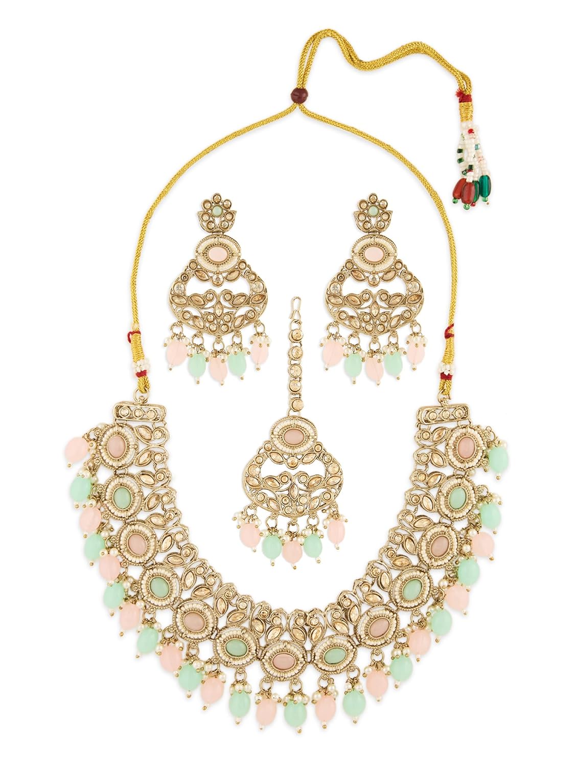 ZAVERI PEARLS Pink Mint Green Stones Beads Dazzling Necklace Earring & Maangtikka Set For Women-ZPFK21595