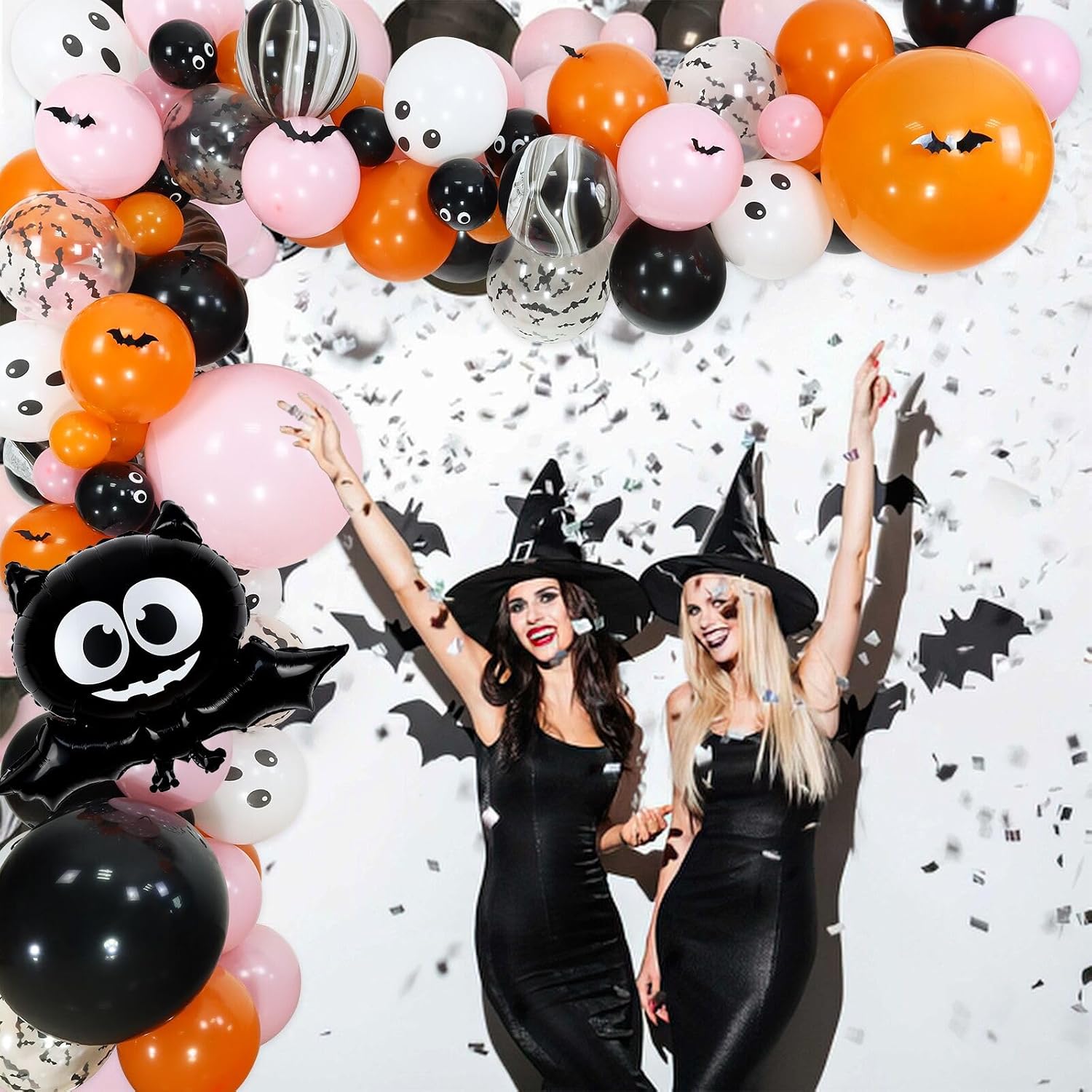 Halloween Balloon Arch Garland Kit, 18" 10" 5" Orange Pink Black Balloons with Big Bat Balloons 3D PVC Bat Stickers for Halloween Day Decorations Baby Shower Birthday Party Supplies image 3