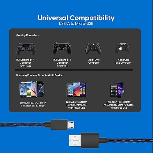 Miniatura 5 de TALK WORKS PS4 Controller Charging Cable for Playstation 4 - Long 10 Heavy Duty Braided Micro USB Cord Charger Cord for Sony - Black Pack of 2