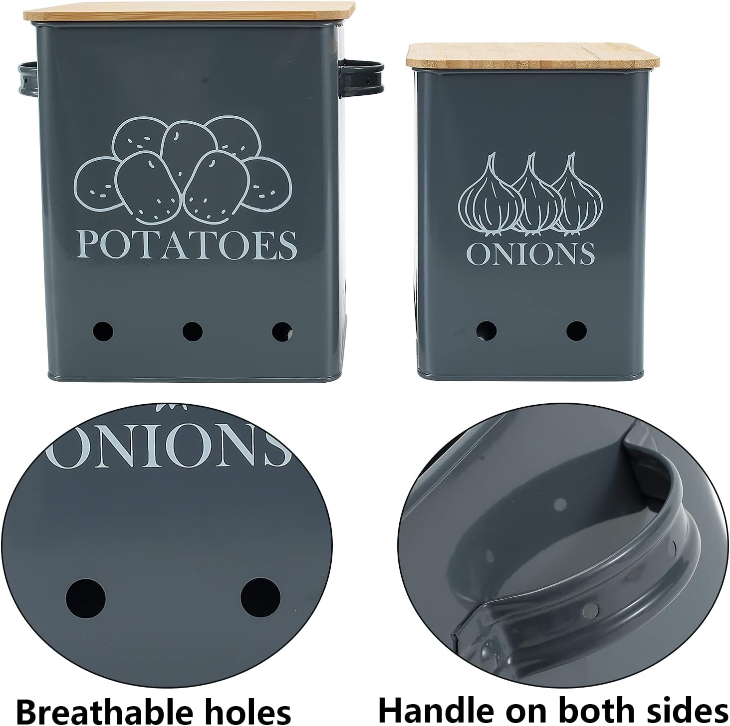 Xbopetda Set of 2 Vegetable Storage Bins, Potato Storage Onion Keeper with Aerating Holes & Wooden Lid - Image 3