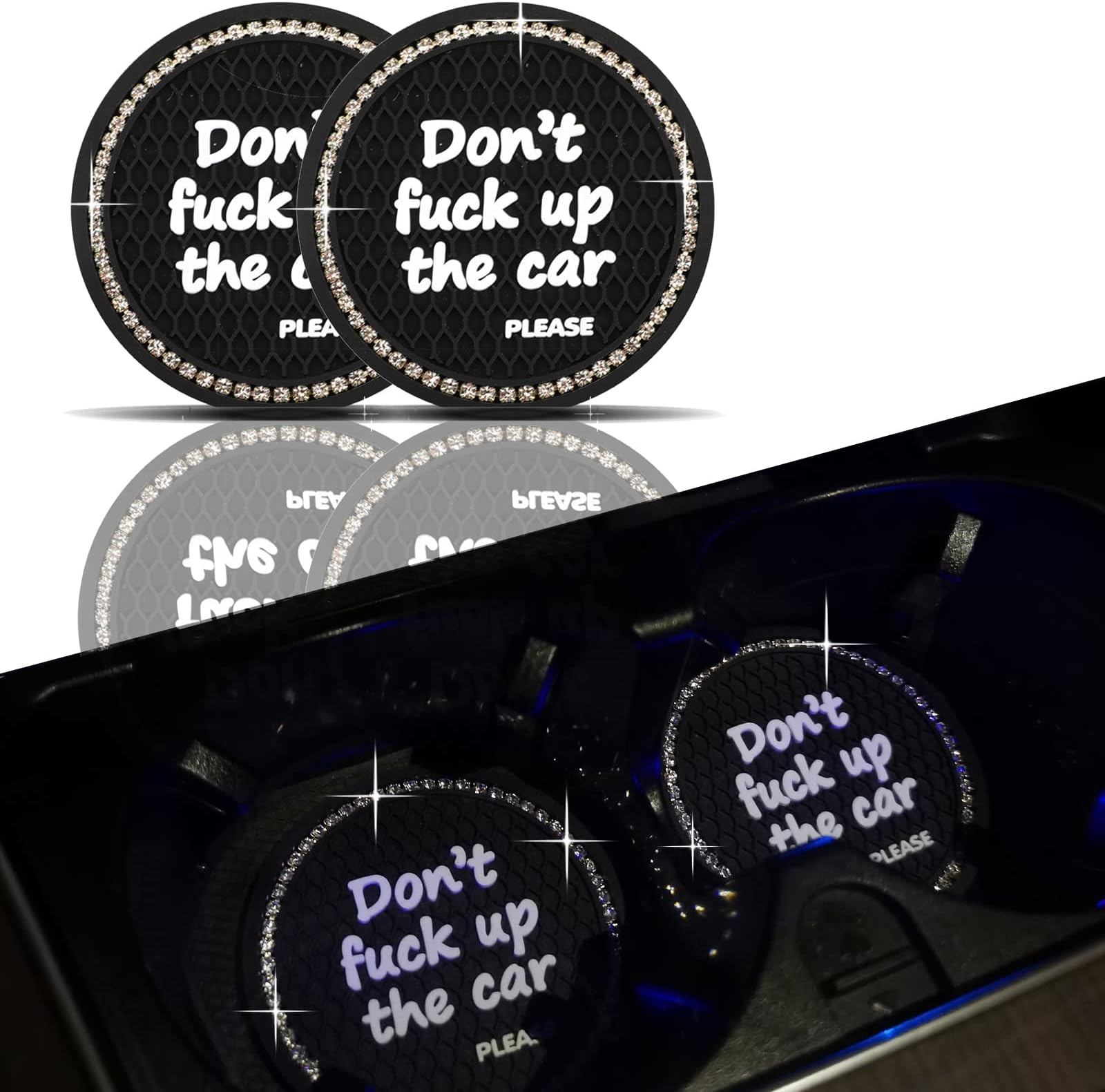 2 Pack Funny Coaster for Car Cup Holder,Auto Anti Slip Bling Cup Holder Coaster,2.75 inch Surface Full Crystal Rhinestone car Coaster Car Interior Accessories (White)