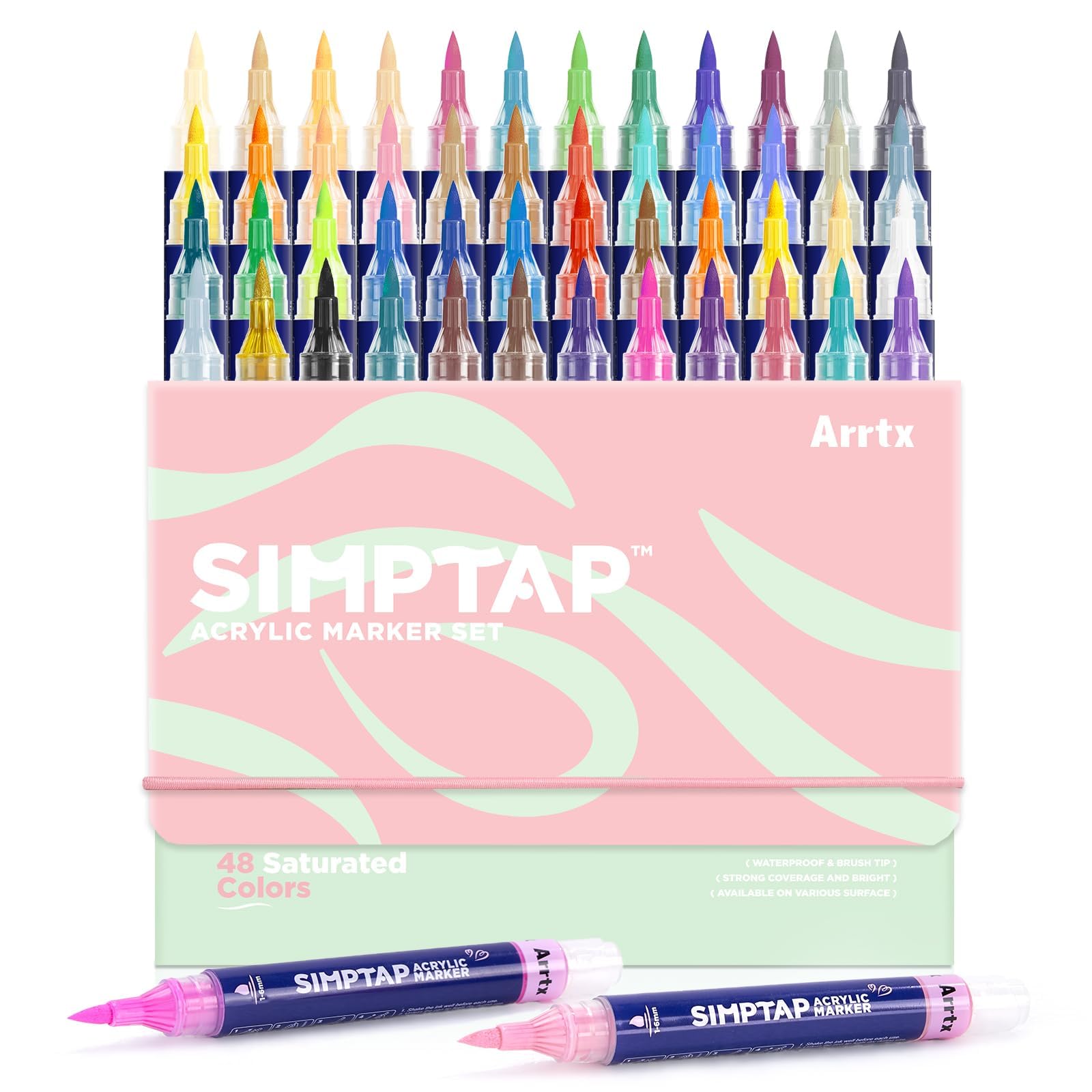 Arrtx Simptap Series Acrylic Paint Pens, Brush Tip Acrylic Paint Markers for Rock Painting, DIY Craft, 48 Count