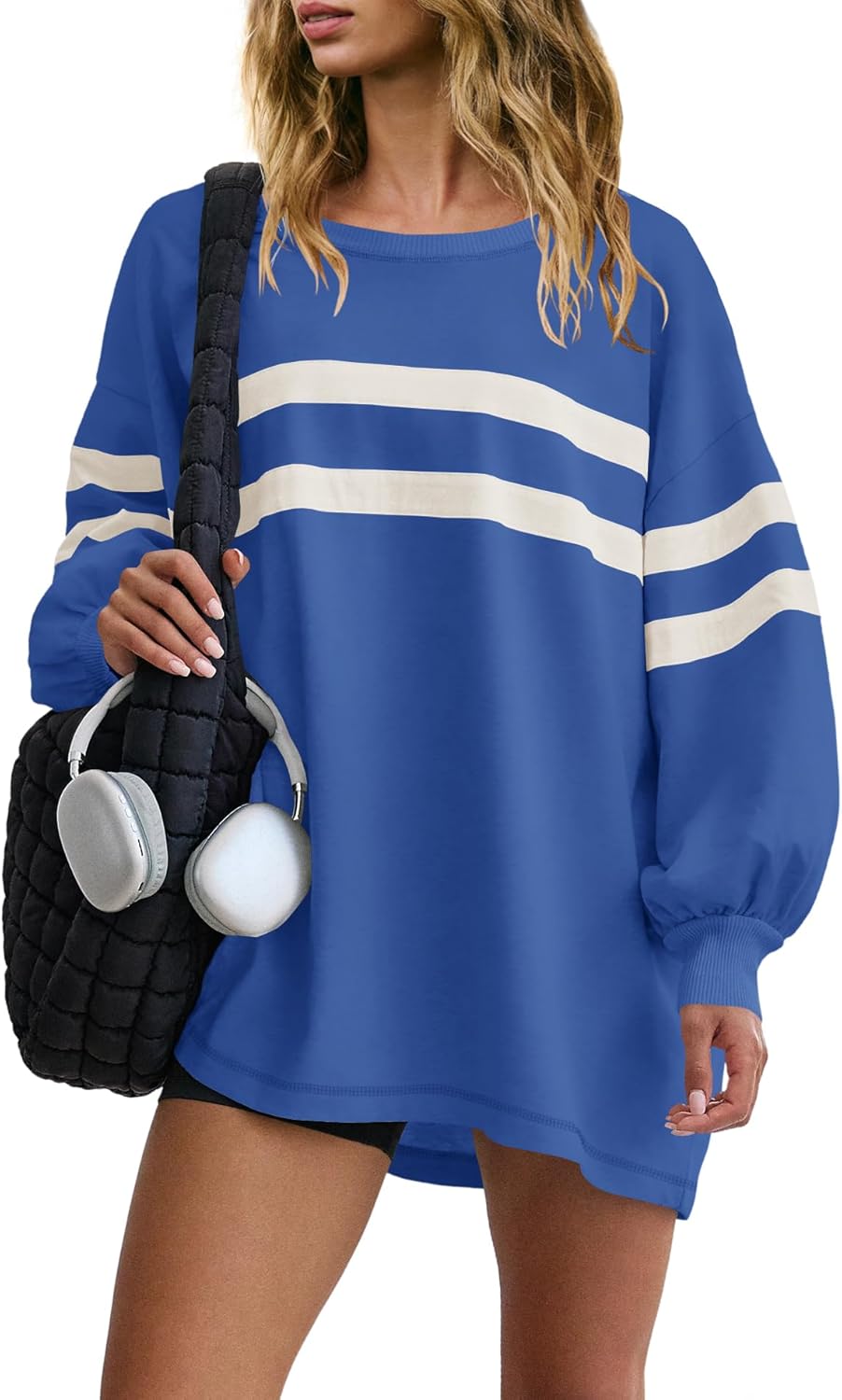 SENSERISE Womens Striped Crewneck Sweatshirts Oversized Lantern Sleeve Color Block Shirts Workout Tops