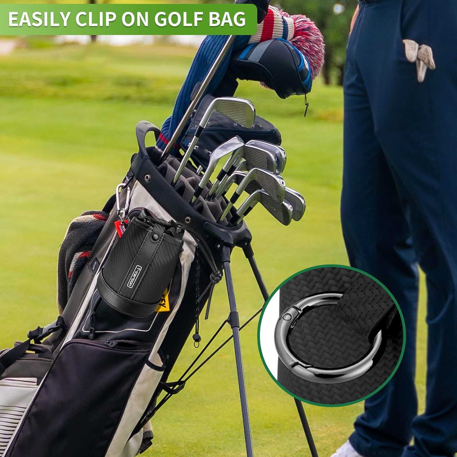 T-carbon Travel Gear Professional Valuables Golf Pouch;Bucket Waist Design Bag with Drawstrings;Carbon Fiber and Leather Golf Tee Bag for Glofers Men Women Very Practical Black