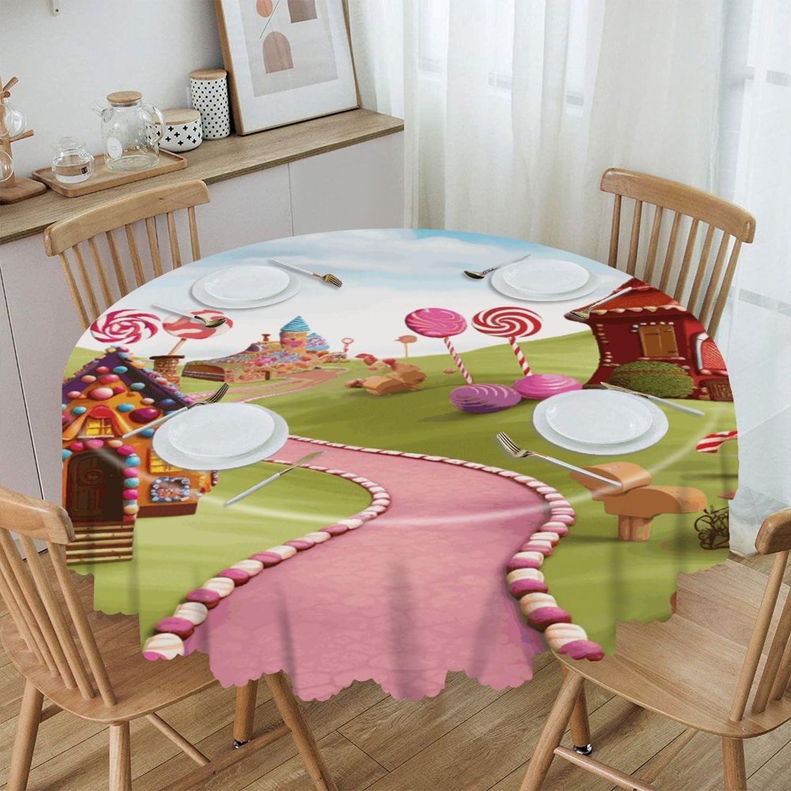 VstaDank Candy Round Tablecloth Wipeable Round Polyester Tablecloth Waterproof Wrinkle Free Indoor and Outdoor Table Cover 60 Inch Decorative Farmhouse Table Cloth for Dining