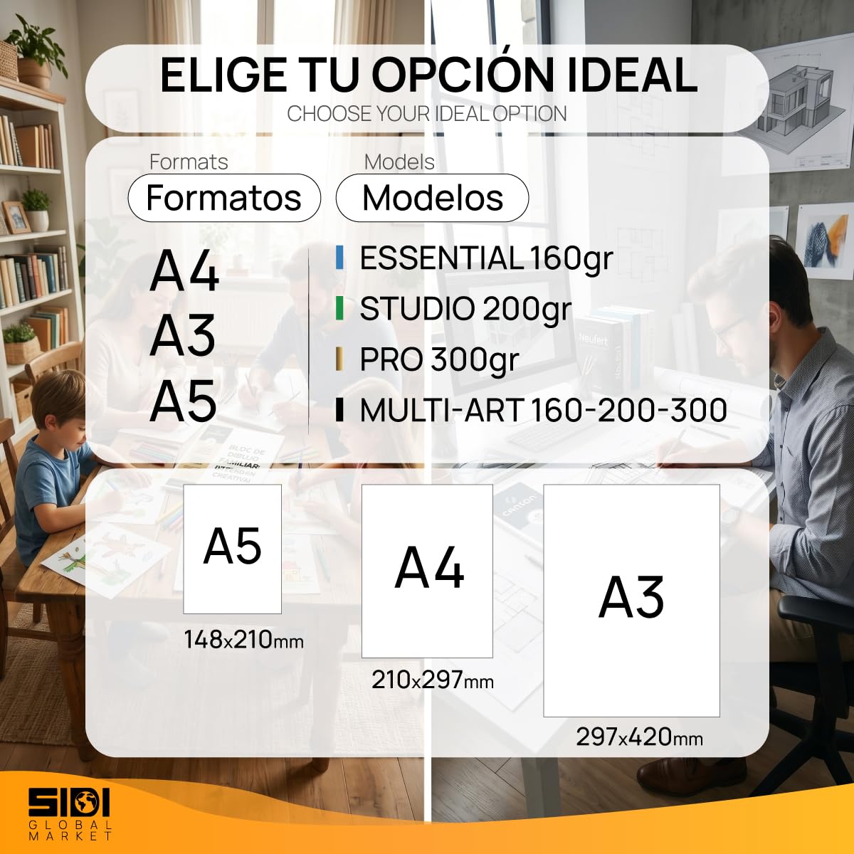 SIDI - Bloc de Dessin A3 Professionnel 160g/m², 200g/m² et 300g/m², Papier Sketchbook, Papier Épais Sans Transfert, Pour Crayon, Feutres et Croquis, 3 Types de Épaisseur (MULTI-ART, 50 feuilles)