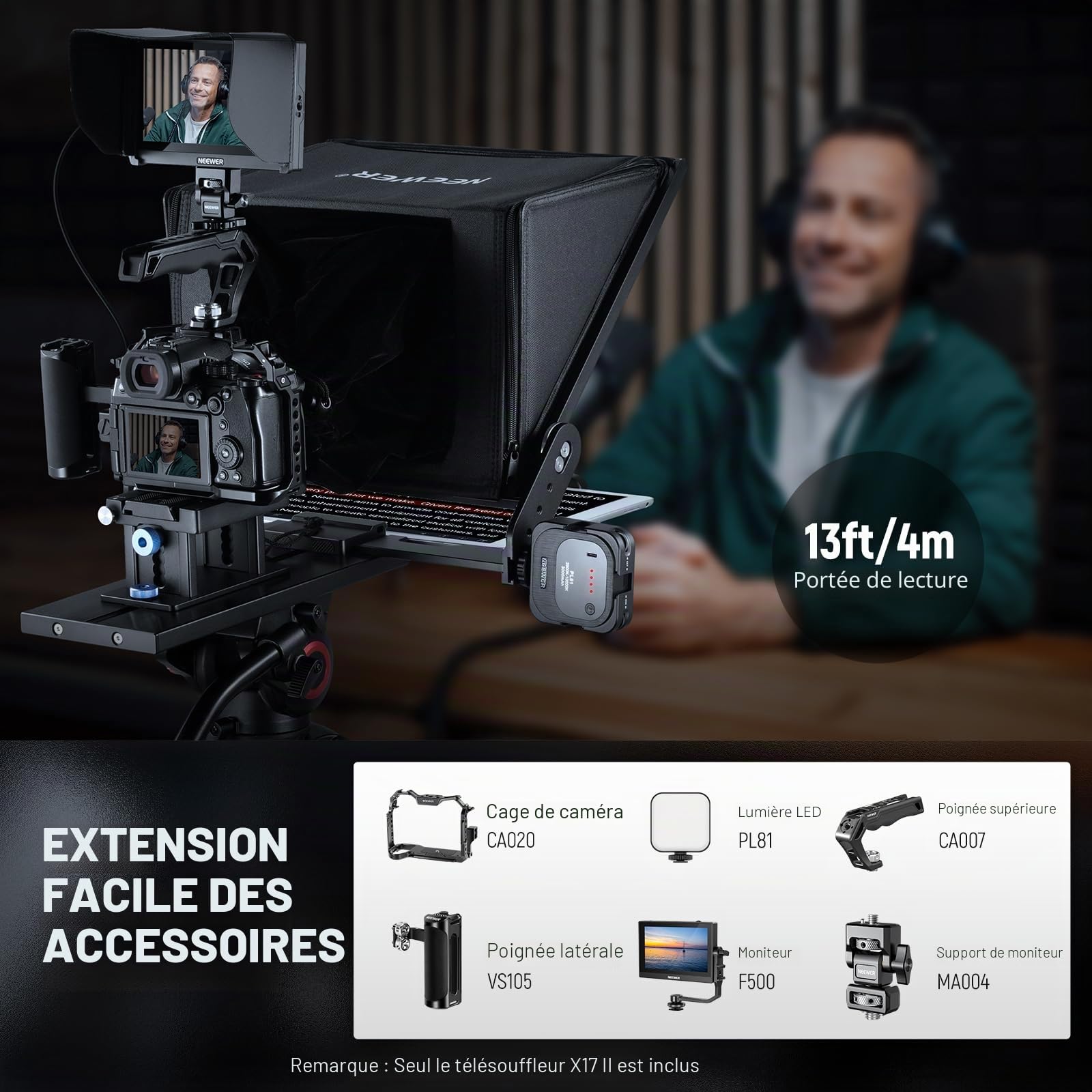 NEEWER Teleprompteur X17 II avec Télécommande Contrôle,17" HD | Cadre Métal,Plateau Rapide Amélioré,Compatible avec Manfrotto 501PL iPad iPhone,Charge Max 20kg,Sans Montage