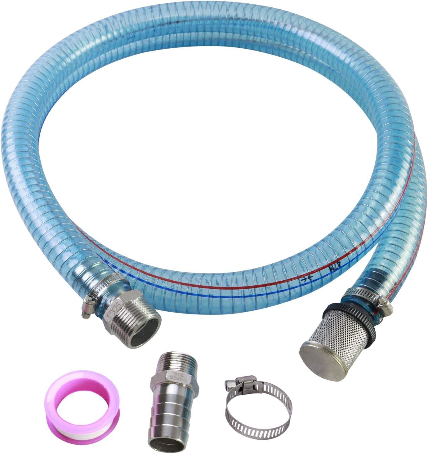 Fuel Transfer Hose 1" x 6.5FT, with SS NPT Fittings & Filter, for Diesel Gas DEF, Wire Reinforced Suction Hose for 3/4" & 1" Transfer Pump