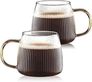 اكواب قهوة زجاجية عتيقة مجموعة من 2 كوب شرب مضلع شاي شفافة زجاج البوروسيليكات مع نمط خطوط عمودية للكابتشينو واللاتيه والمشروبات 14 اونصة سائلة مقبض اصفر تيريفي