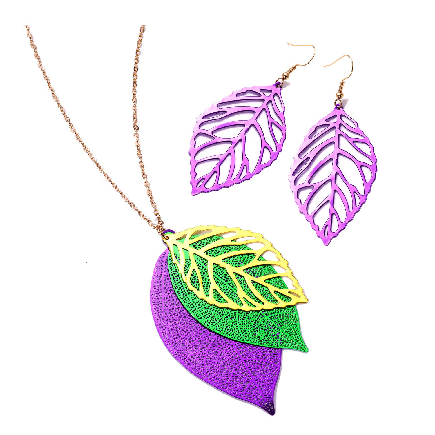 Leaf Earrings and Long Necklaces Set for Women Boho Gold-tone Multi Tiered Leaves Delicate Chain Dangle Necklace SimpleLeaf Statement Dangling Earrings