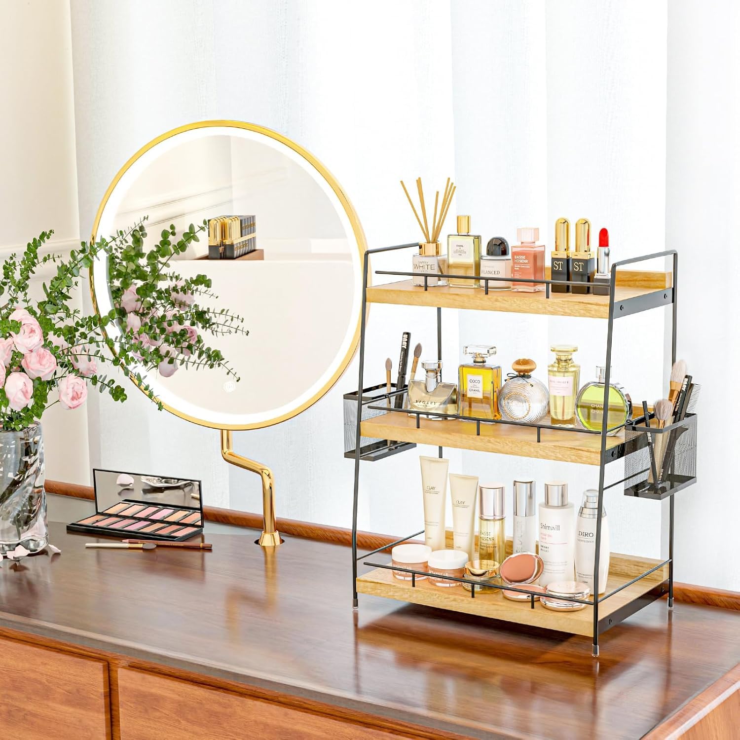 Organizzatore da Banco per il Bagno con 2 Cestini, Contenitori per Cosmetici a 3 Livelli, Piccolo Scaffale in Legno per Spezie, Organizer per Bagno, Scrivania, Ufficio, Cucina, Casa