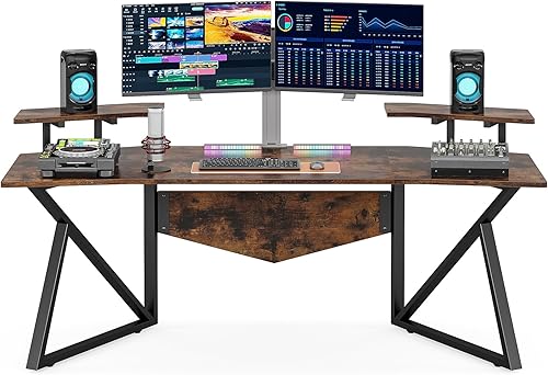 Miniatura 4 de Escritorio grande de computadora de 70.9 pulgadas, escritorio de oficina en casa, escritorio de estudio para juegos en forma de ala, marrón rústico