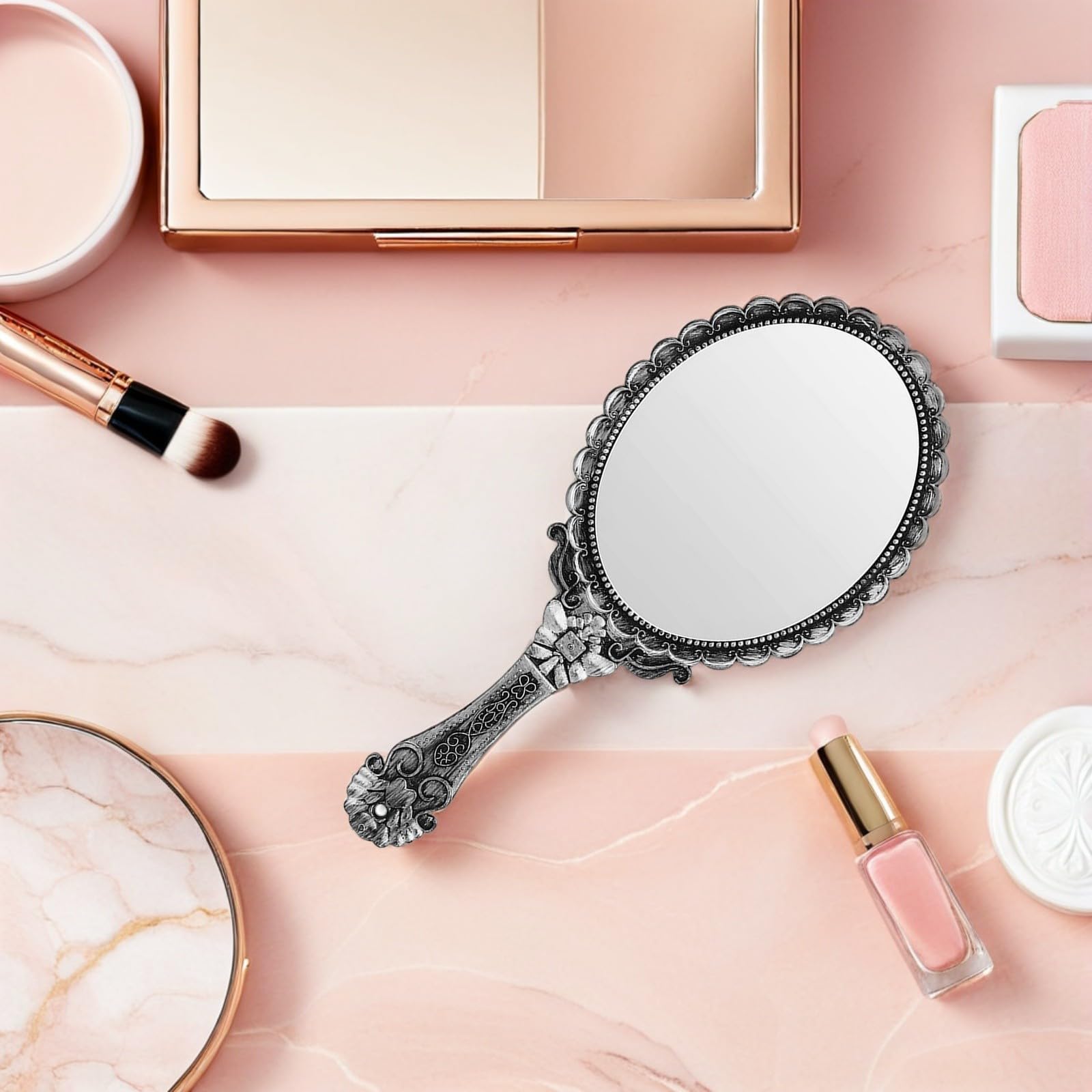 Espejo de Maquillaje para Damas con Mango de Encaje Tallado, Espejo cosmético Elegante y Resistente, Ideal para Uso en casa y en desplazamientos