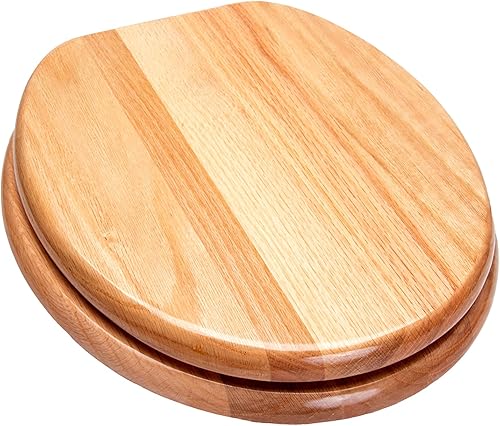 5Q1R2-17CH - Asiento de inodoro de diseño tradicional de roble macizo con bisagras de metal sólido, redondo, roble natural con cromo