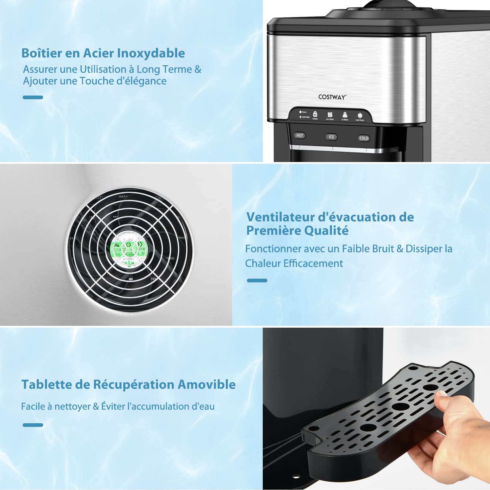 COSTWAY 3 en 1 Machine à Glaçons avec Fontaine à Eau Bonbonne Froide/Chaude, en Acier Inoxydable, 19 kg en 24h, Capacité de 1,5 L, Préparation Rapide en 6-13 Min, Ice Maker Facile à Nettoyer, Noir