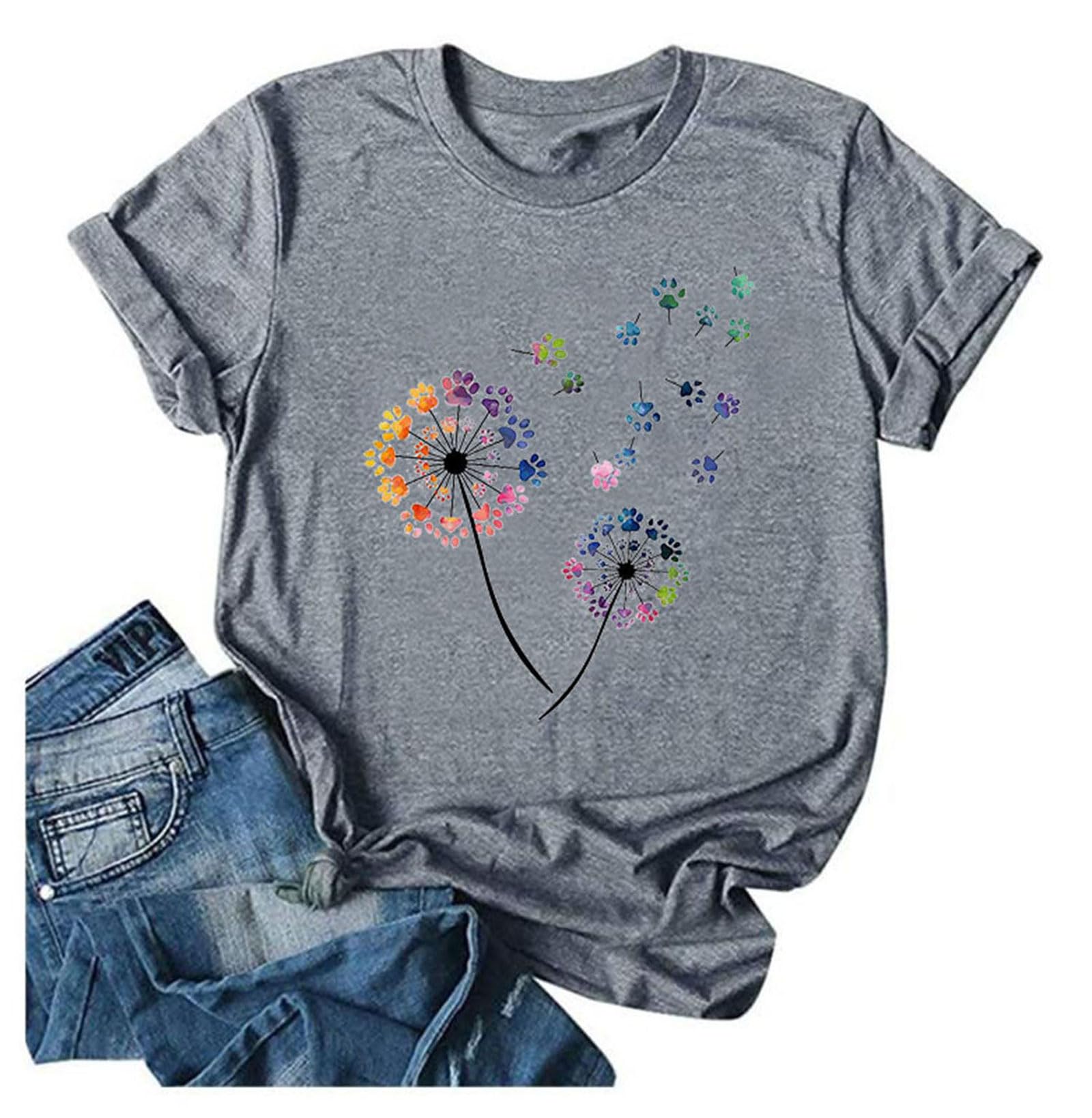 Anbech Womens Dandelion Graphic T-Shirts Teen Girls Cute Sunflower Print Casual Tee Tops