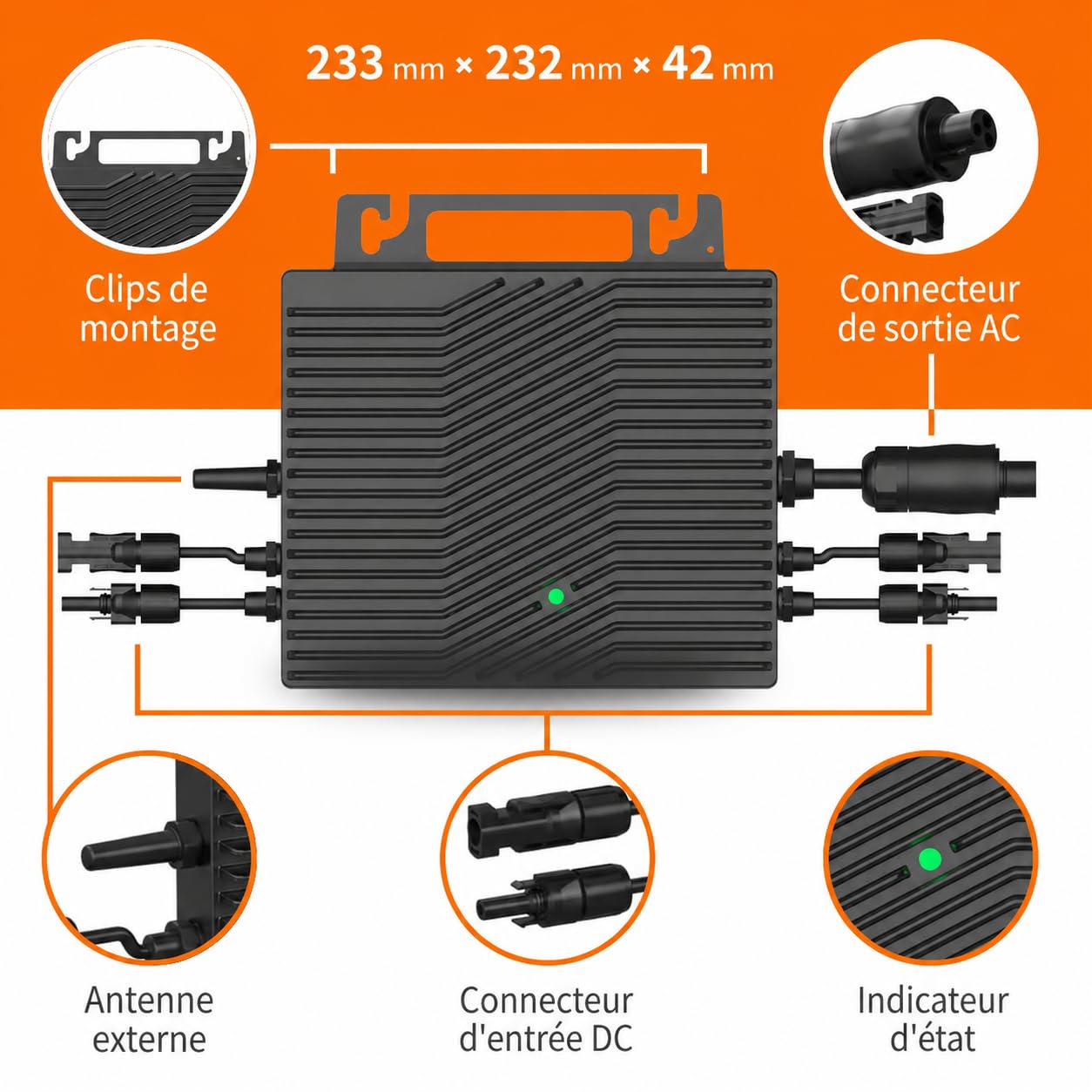 VN2T08 Micro-onduleur réseau 800W, Double MPPT 16–60V DC, Contrôle de l’Application Via Wi-FI, Certification en réseau, Plug & Play, IP67, idéal pour installations photovoltaïques de Balcon | Wi-Fi configuré via Bluetooth, certification réseau EN, Plug &