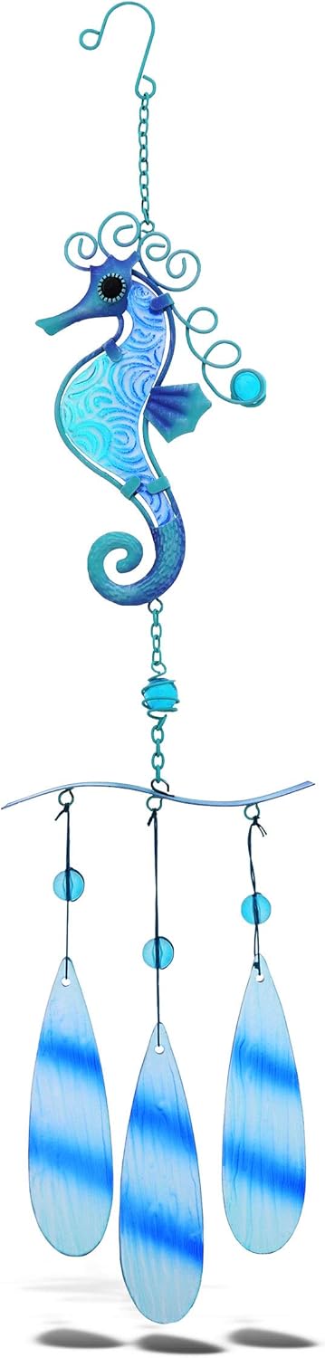 CoTa Global Blue Seahorse Hanging Sea Glass Wind Chime 17.72 Inch, Nautical Glass Windchime Outdoor Decor for a Harmonic Porch, Patio & Garden, Unique Horse Beach Art Indoor Wind Chime Window Mobile
