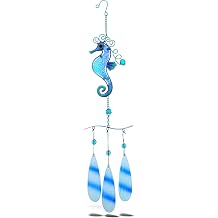 Blue Seahorse Hanging Sea Glass Wind Chime 17.72 Inch, Nautical Glass Windchime Outdoor Decor for a Harmonic Porch, Patio & Garden, Unique Horse Beach Art Indoor Wind Chime Window Mobile