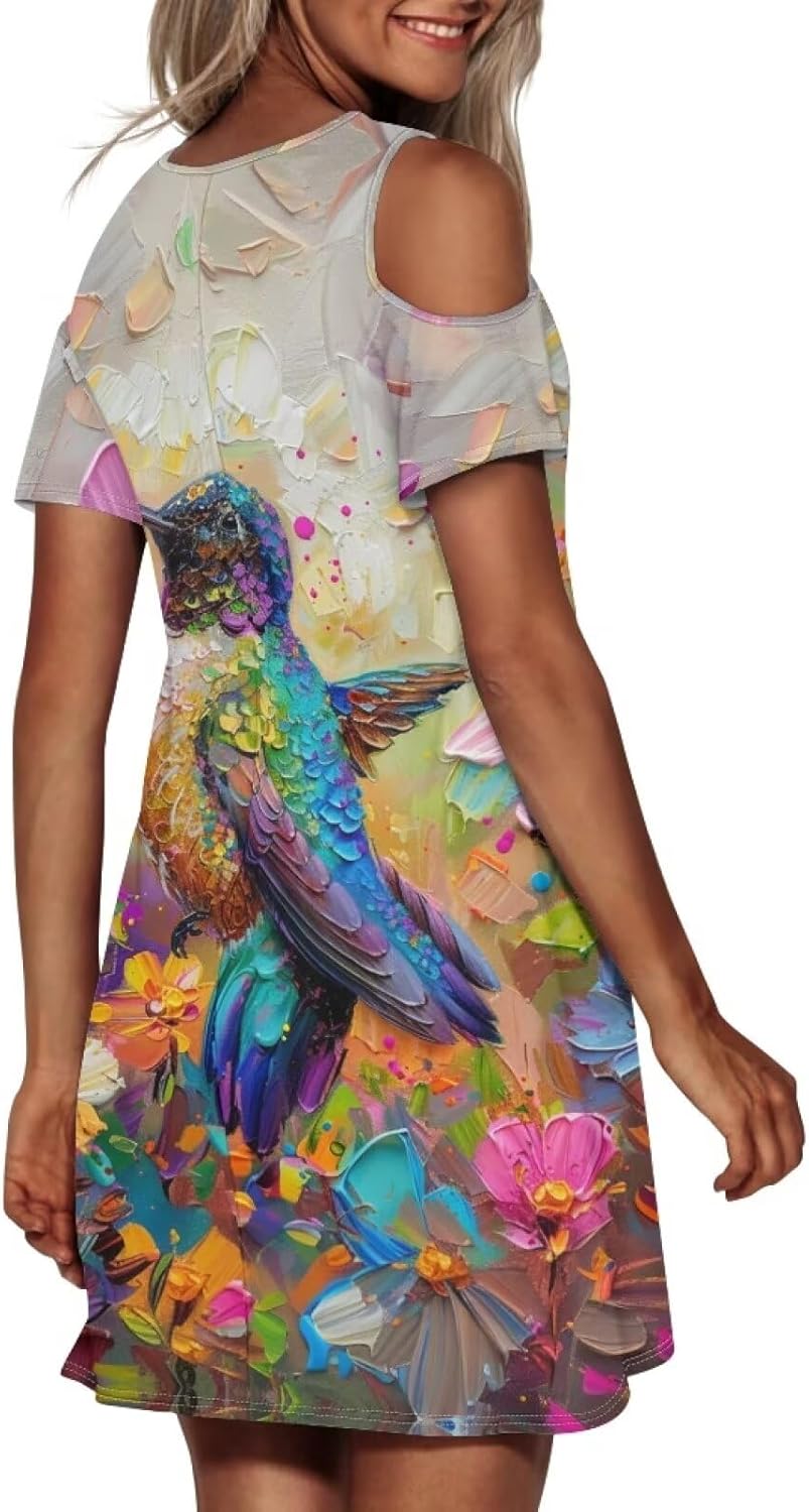 PinUp Angel Womens Art Oil Painting Animal Pattern Summer Dresses Beach Casual Loose Tshirt Floral Short Sleeve Sundress - Image 3