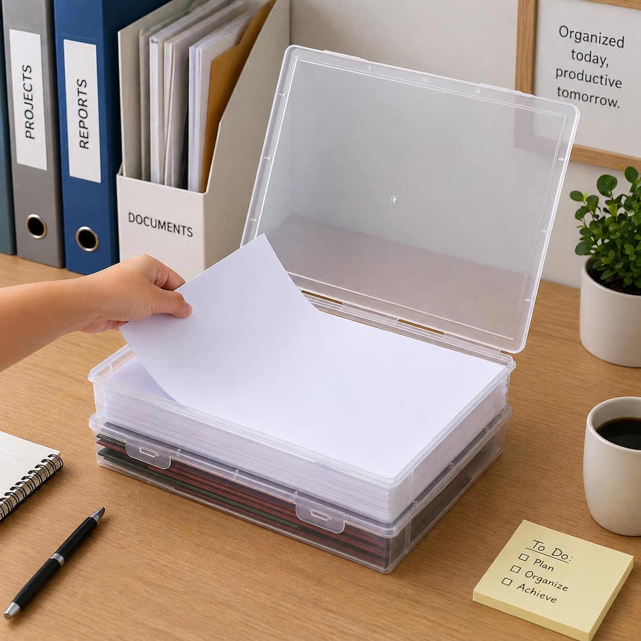 Klick n shop A4 Document Storage Box with Lid, Transparent Plastic File Organizer Case, Large Capacity Paper Holder for Office, School, Home, Stackable File Storage Container-image-9
