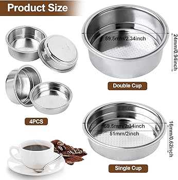QOUBNIC 4 Piezas 51mm 1 y 2 Tazas Filtro de Café de Acero Inoxidable, Doble Capa Canasta de Filtro Expreso Filtro Presurizado Compatibles con Cafeteras Cecotec Ufesa Delonghi Breville1