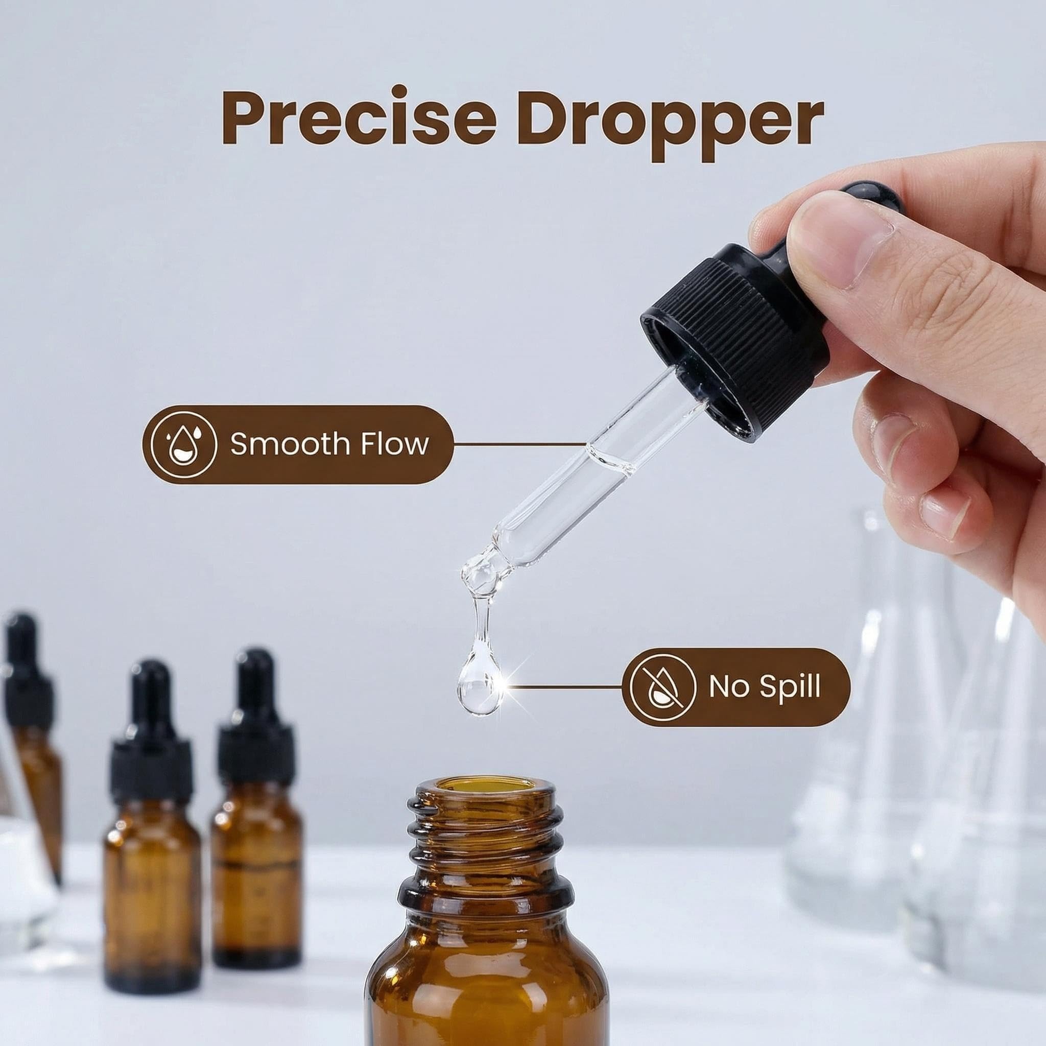 Lot de 3 flacons compte-gouttes vides rechargeables en verre ambré gradué pour huiles essentielles, cosmétiques, liquide, pot avec pipette compte-gouttes en verre (10 ml)