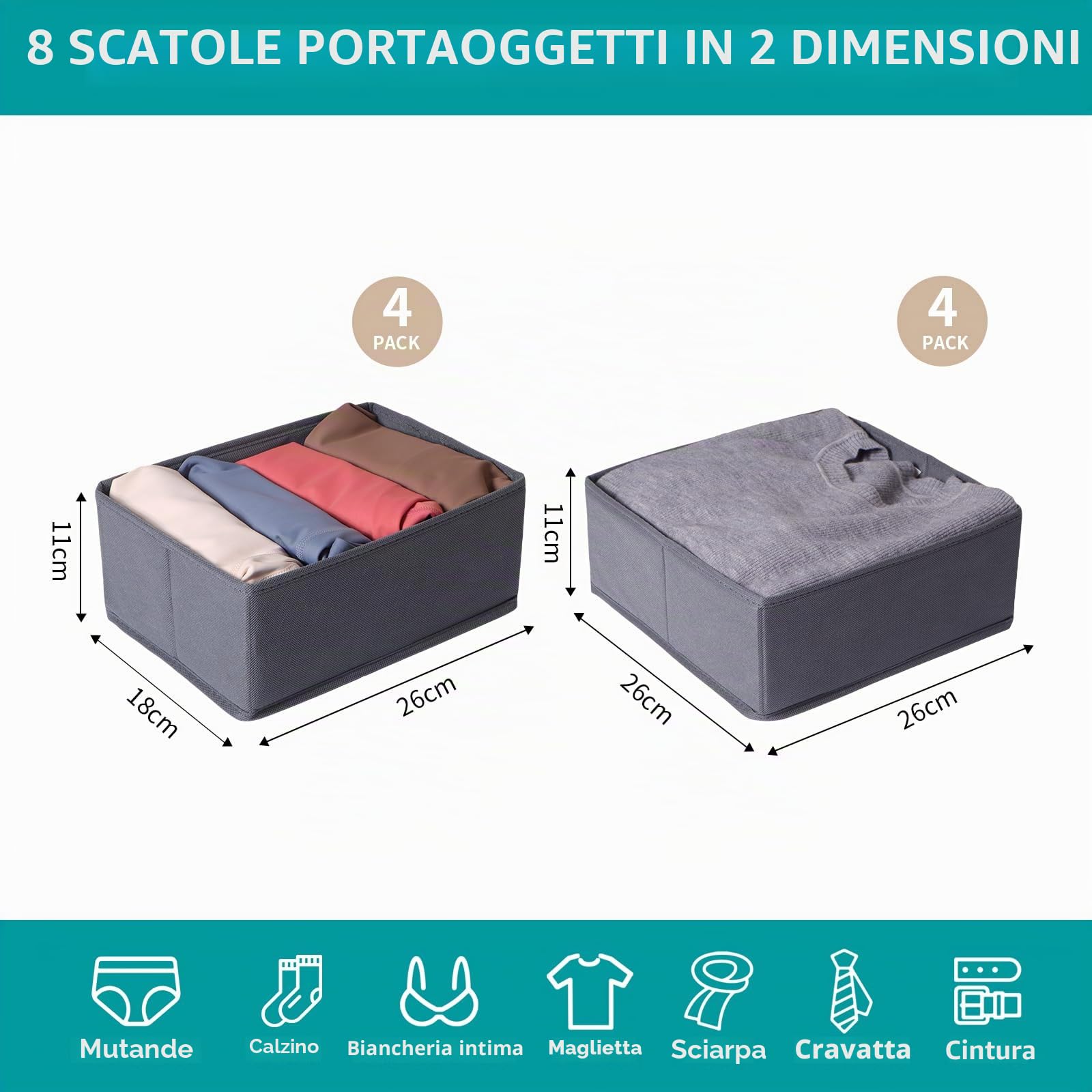 Confezione da 8 organizer per cassetti, pieghevoli, in 2 misure, con base robusta, divisori per cassetti in tessuto lavabile, per biancheria intima, vestiti per bambini, reggiseni, calze