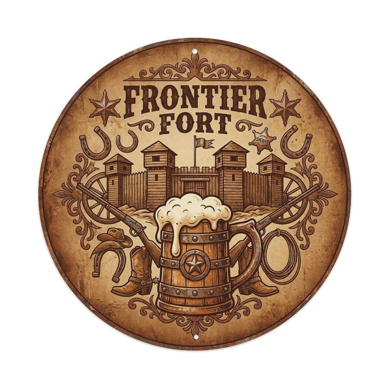 Vintage Beer Western Cowboy Frontier Fort Retro Bar for Pub Vintage Metal Tin Sign Plaque Wall Decor for Cafe, Club Bar, Office, Garden Metal Poster 8x8Inch