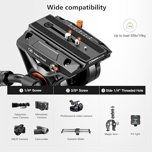 Miniatura 6 de COMAN - Trípode de video, 74 pulgadas profesional de metal resistente para cámara con cabezal fluido de amortiguación ajustable, placa QR de modo