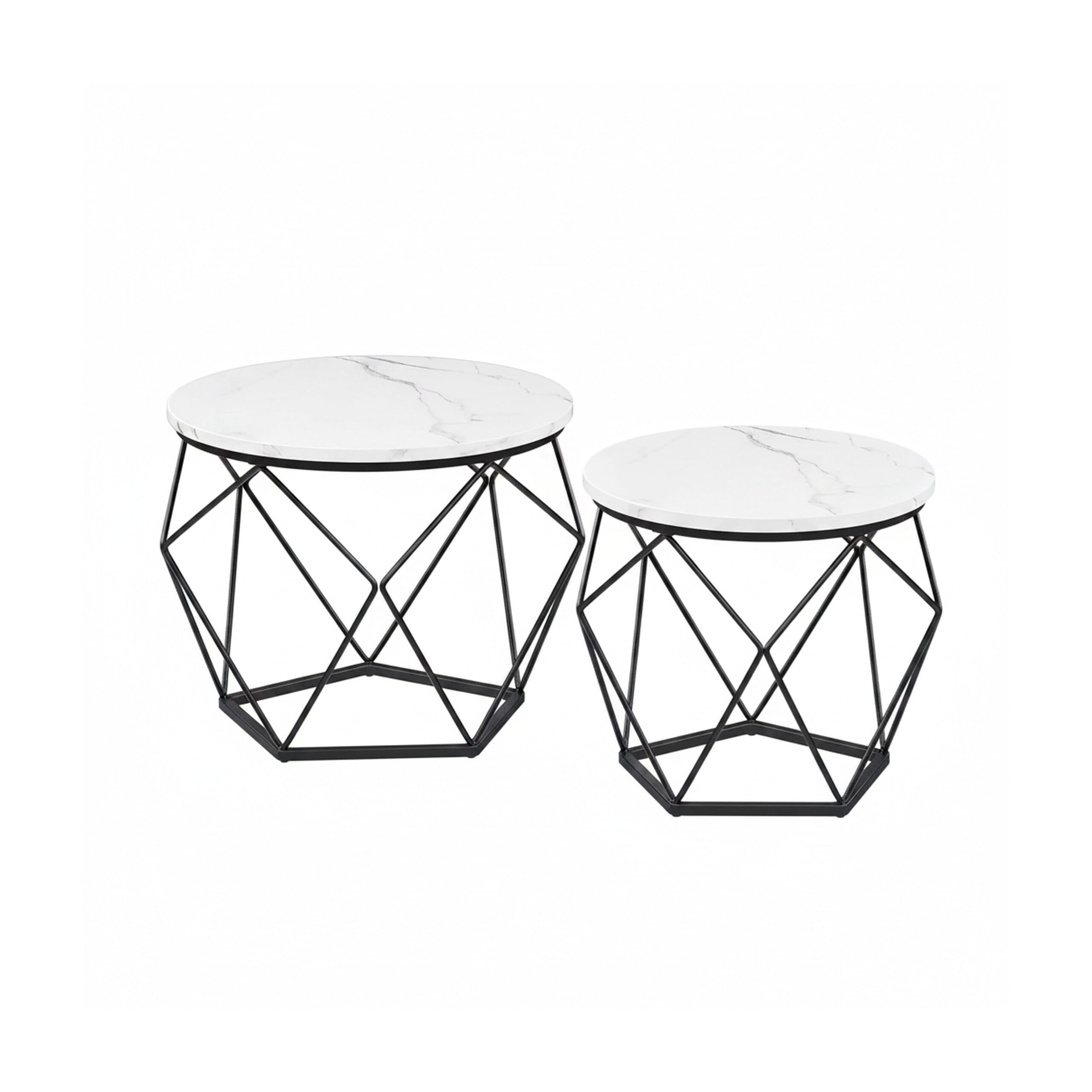 Relaxdays Coppia di Tavolini Rotondi Effetto Marmo e Metallo Design Vintage Bianco/Nero 50x40x40 cm
