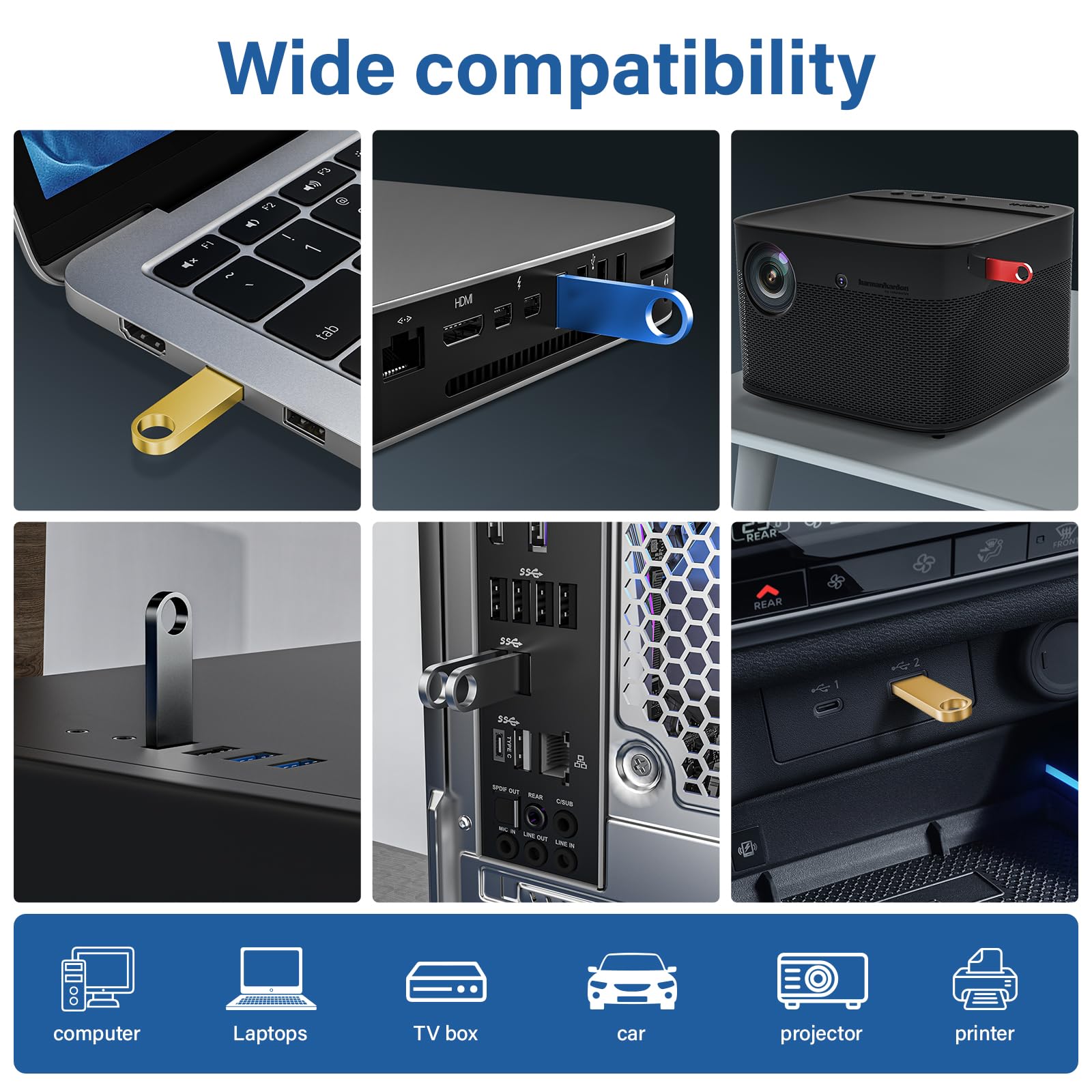 Lot de 20 clés USB 2.0 en métal élégant avec porte-clés, 128 Mo pour PC, ordinateur portable (argenté)