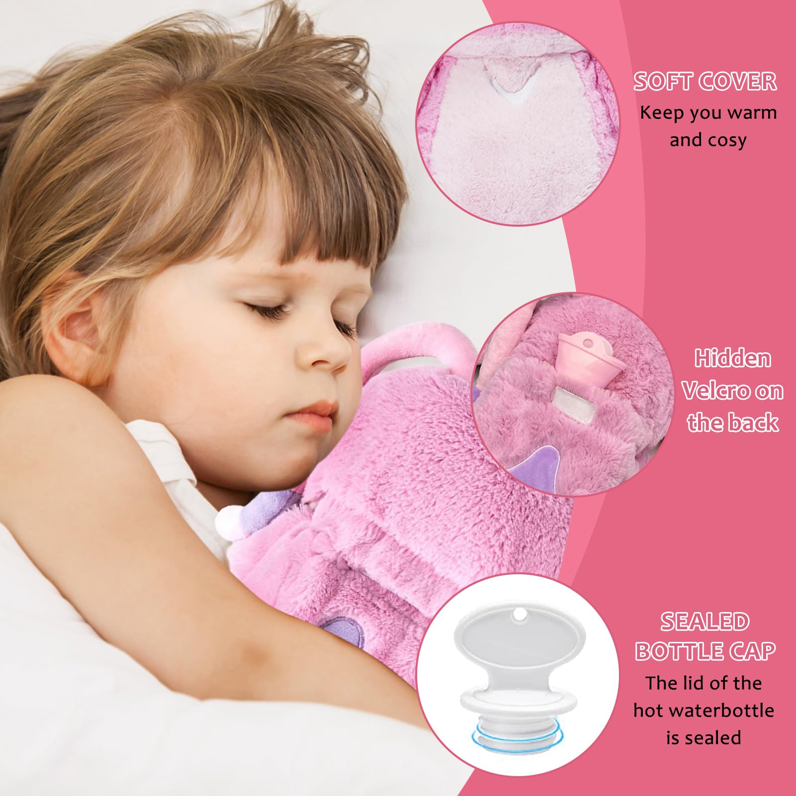Borsa dell'Acqua Calda, Borsa Acqua Calda Peluche, Borsa Dell'acqua Calda Carina, Plush Bottiglia di Acqua Calda, Calda Rimovibile e Lavabile, Regalo per Bambini, Familiari e Amici (Rosa)