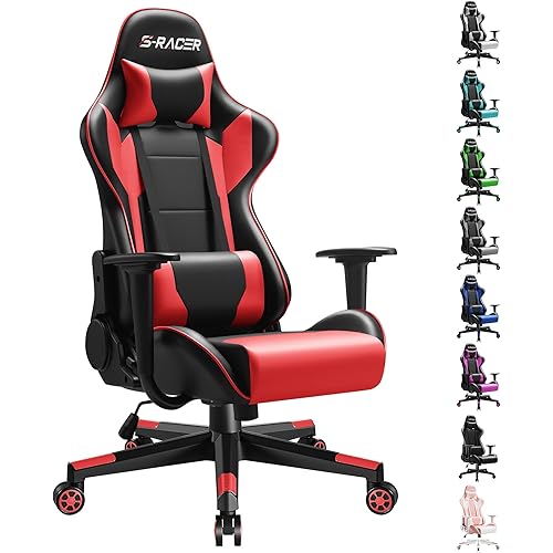 Furniwell Gaming Chair - High Back Computer Desk Chair with Headrest and Lumbar Support (Red)
