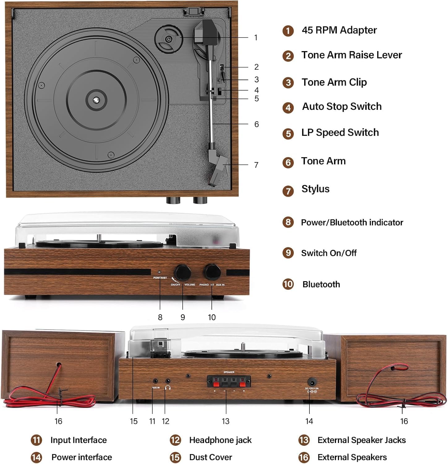 Vinyl Record Player with Dual Stereo Bookshelf Speakers Vintage Belt Drive Bluetooth Turntable with External Speakers,Convert Vinyl to MP3,LP Players AUX Headphone Input RCA Out - Image 3