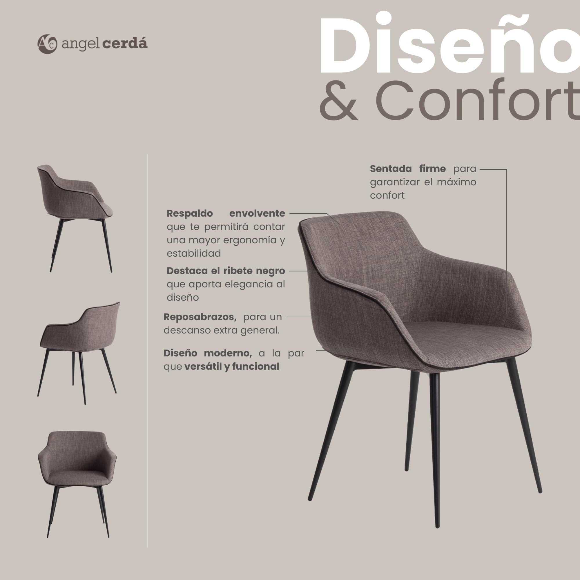 Ángel Cerdá - Silla Comedor Tapizada en Tela Gris con Ribetes Negros - Sillón de Diseño Moderno con Reposabrazos y Patas de Acero Negro - 60 x 59 x 77 cm