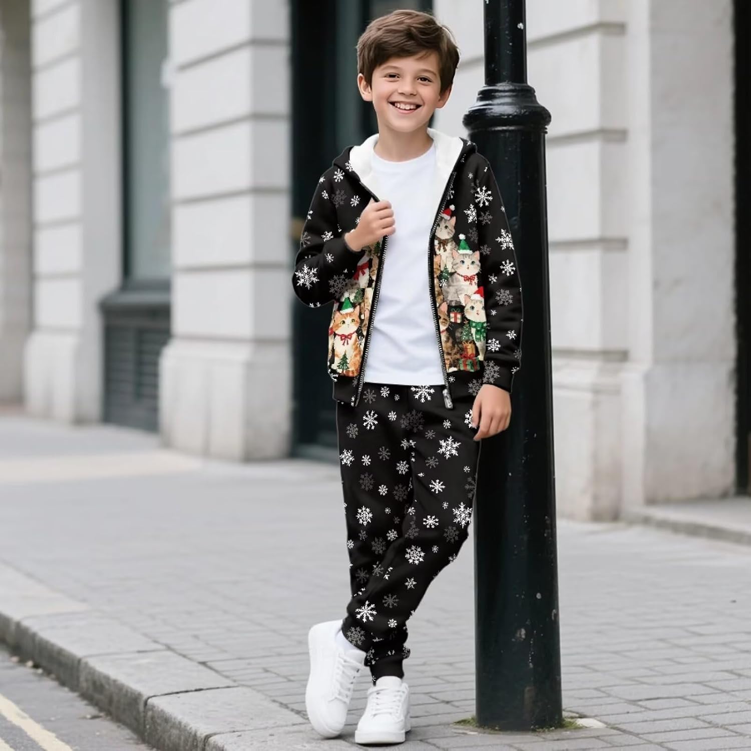 WELLFLYHOM Christmas Girls Hoodies Tracksuit 6-15 Long Sleeve Zipper Sweatshirts Jogger Pant 2 PCS Graphic Sweatsuit