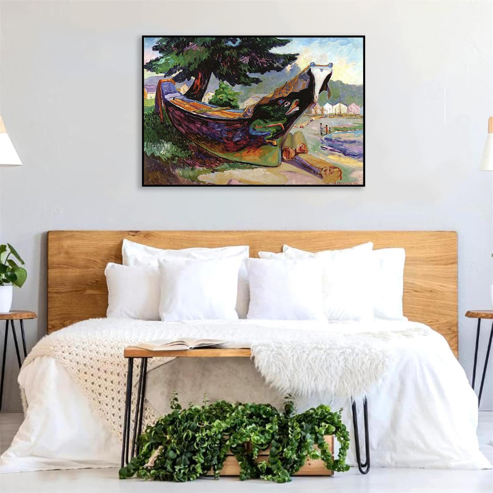 Emily Carr Impresión en Lienzo Bay de alerta de la canoa de guerra india poster cuadros famosos Reproducción en Lienzo abstracto paisaje Cuadros Decoracion Salon Modernos70x50cm(28x20in)Marco negro