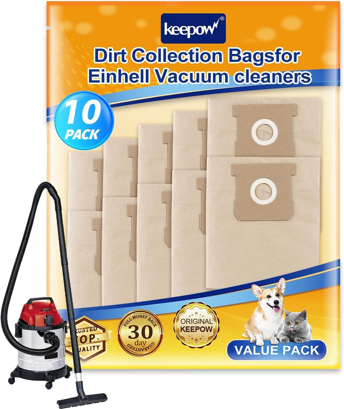 KEEPOW 10 Pack Hoover Bags 12L for Einhell TC-VC 1815 1812S 1812/1S, TE-VC 18/10, BT-VC 1250S, INOX 1250S, Wet and Dry Vacuum Bags for Einhell Vacuum Cleaner, Hoover Dust Bag