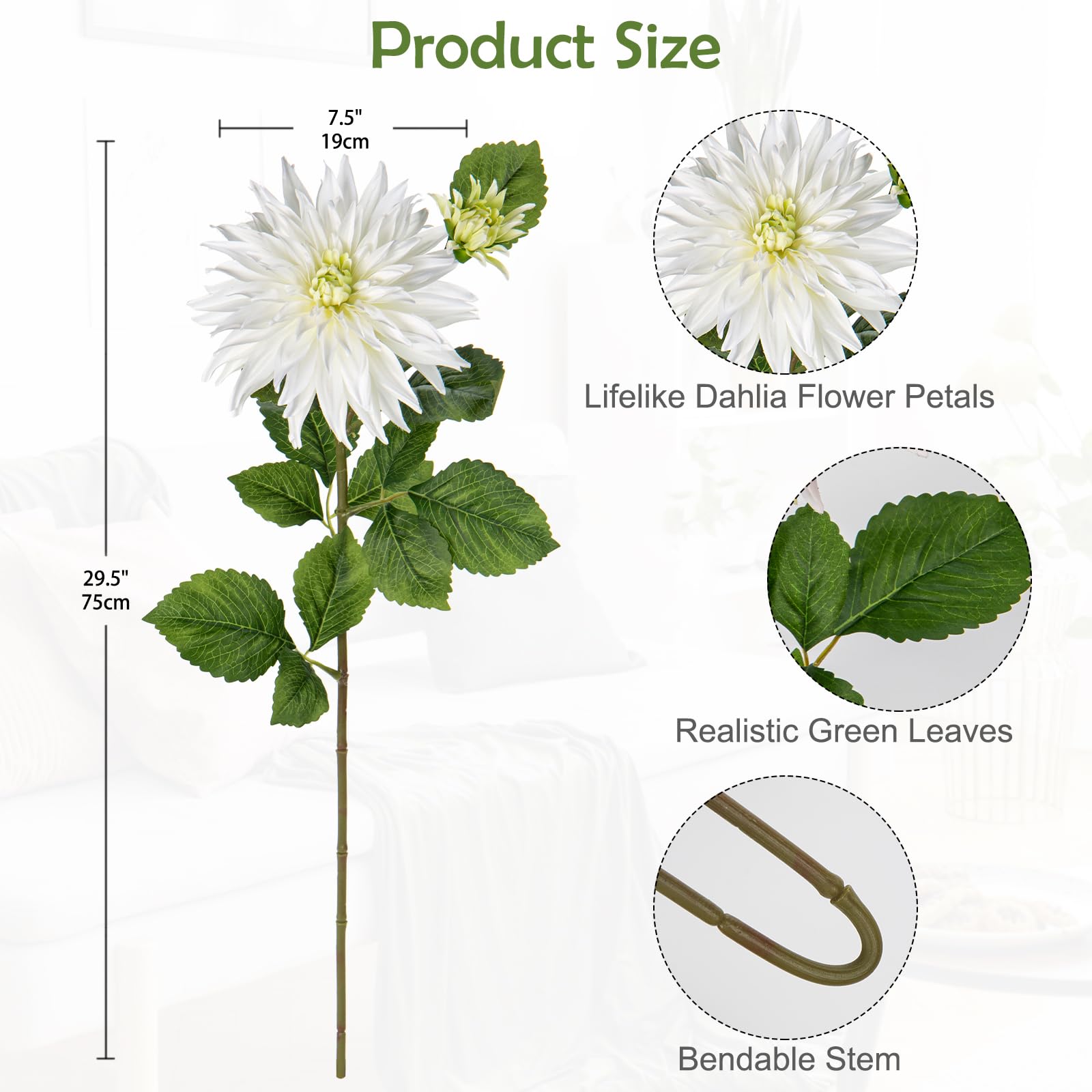 7.5'' Large Artificial Dahlia Flowers with Long Stems, 3pcs White Fake Flowers and 3pcs Decorative Faux Buds - Image 2