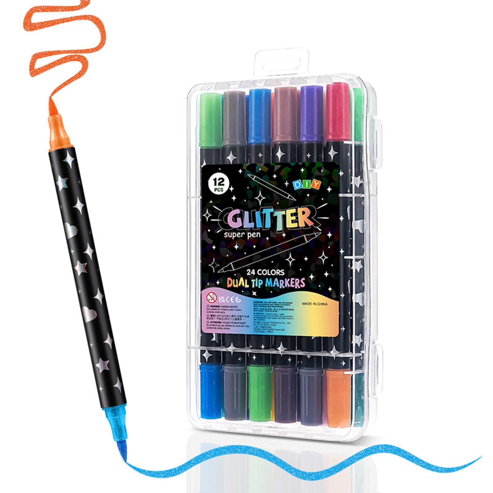 Hyleon Glitter Pens 12PCS, 24 Colours – Glitter Markers & Glitter Felt Tip Pens for Rock Painting, Glass, Stone, Fabric, Ceramic, Wood, Scrapbooking, DIY Crafts, Art Supplies, Card Making & Colouring