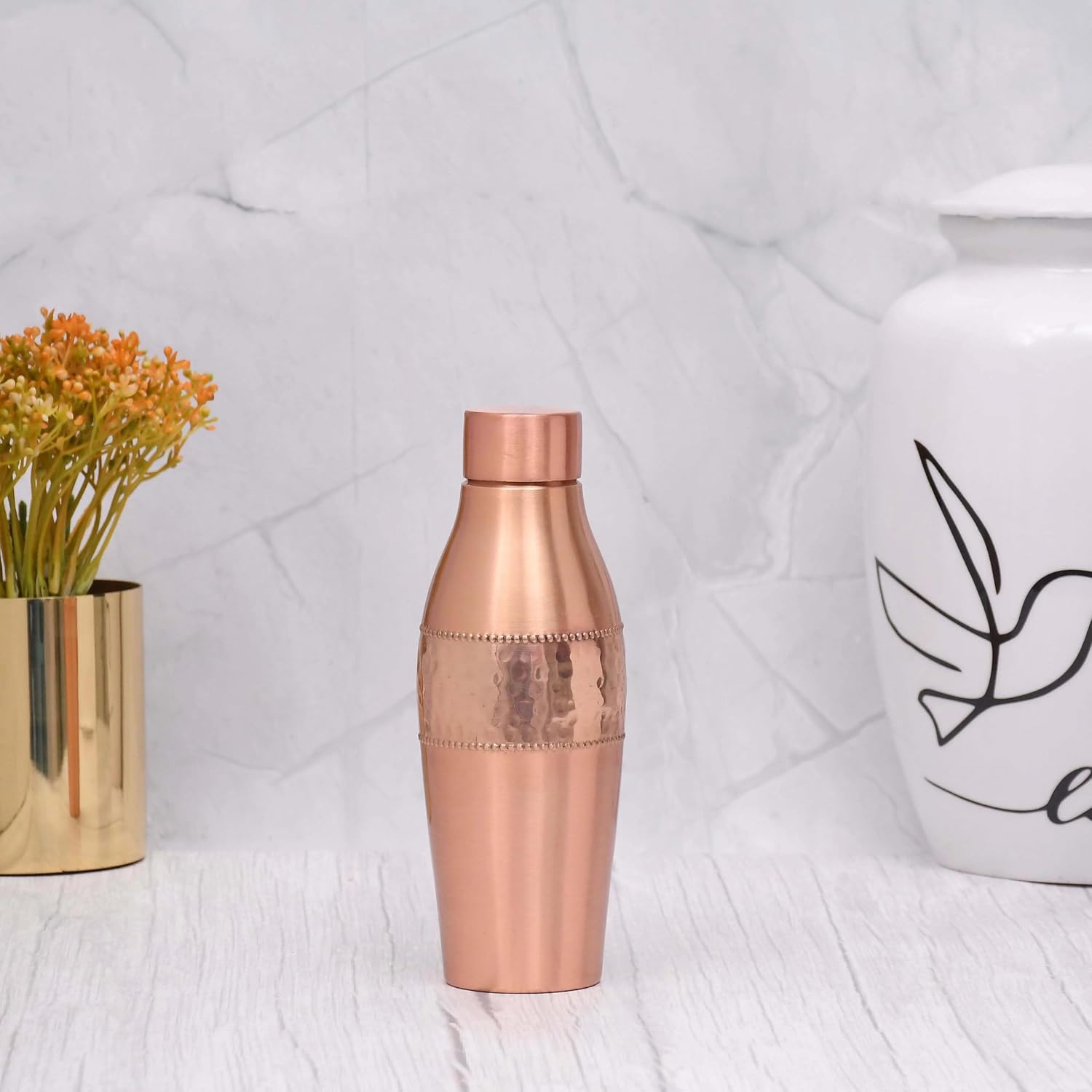 Pure Copper Water Bottle Dolphin Design Half Hammered Half Matt Capacity 600ML (Small) Copper (Half Hammered Half Matt) Copper 7x7x20 CM