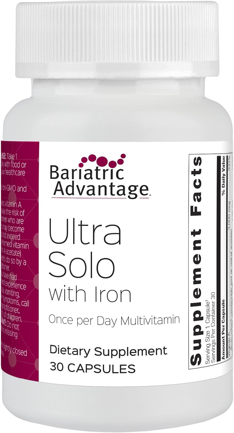 Bariatric Advantage Ultra Solo with Iron - Once-Per-Day Daily Multivitamin - for Bariatric Patients - with Thiamin, Vitamin A & More - Gluten Free - 30 Capsules