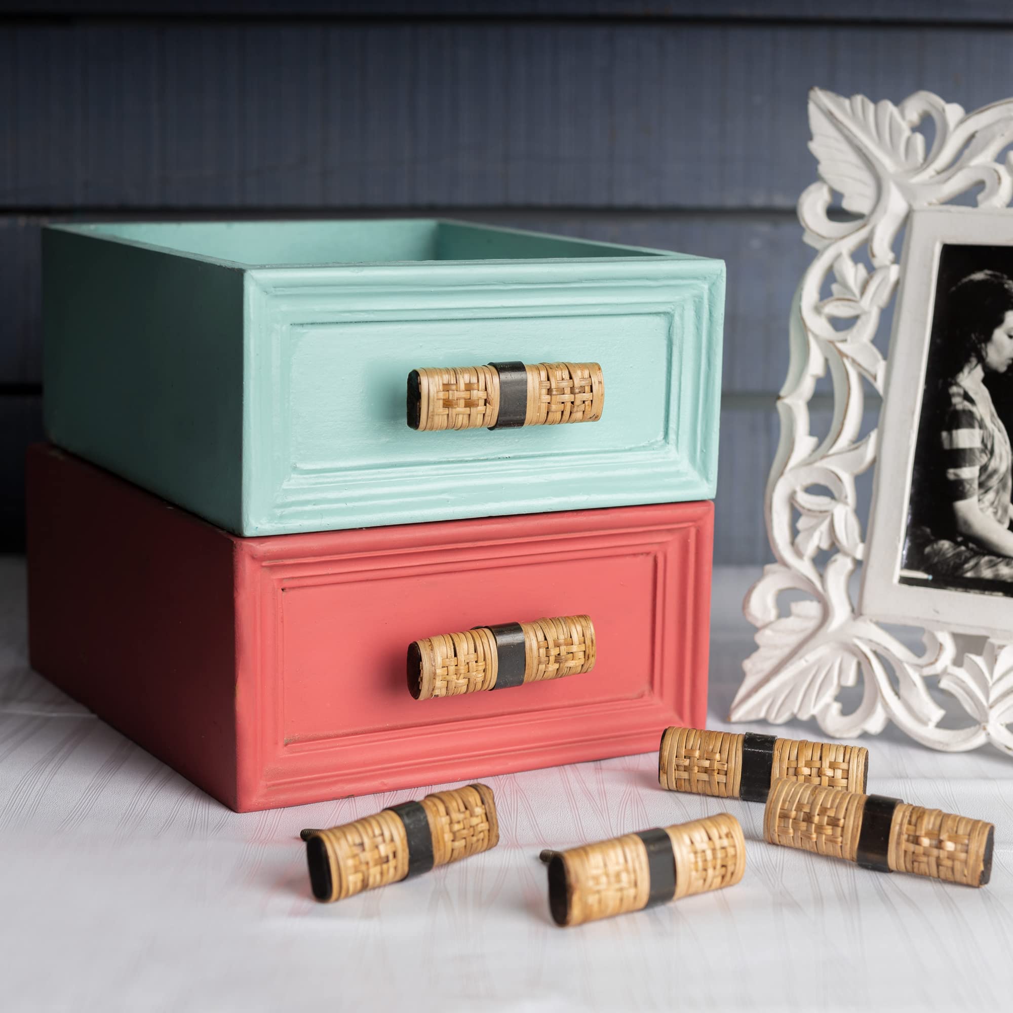 IndianShelf 6 Piece Natural Rattan Multicolor Wood Classic Dresser Handles Drawer Knobs Cabinet Pulls Vintage Touch