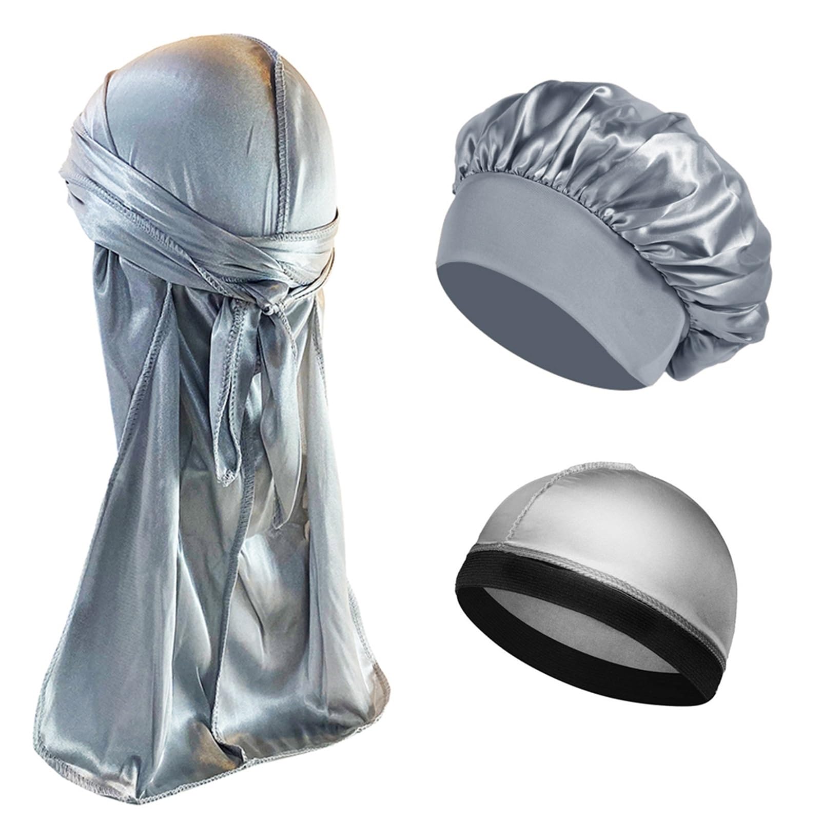 Schlafhaube Seide Damen Herren Seidensatin-Kappen 3er-Set Motorhaube Seidige Bandanas for Männer Turbanmütze Long Tail Schlafmütze